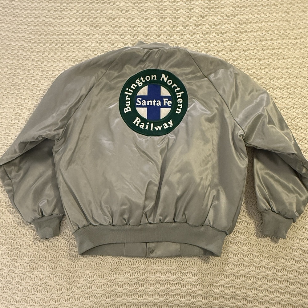 Vintage BNSF Bomber Jacket Burlington Northern Silver Men's XL Made In USA